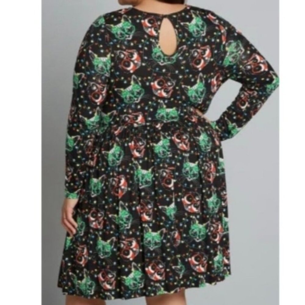 Modcloth Festive Holiday Kitty Dog Christmas Print Long Sleeve Dress XL New - Picture 5 of 10